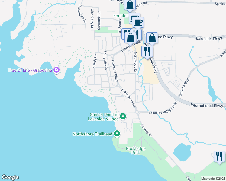 map of restaurants, bars, coffee shops, grocery stores, and more near 2800 Lakeside Parkway in Flower Mound