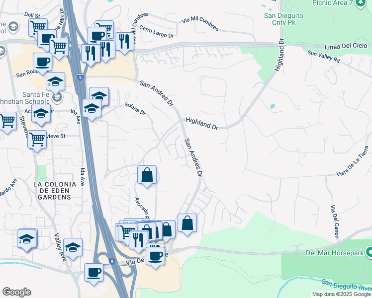 map of restaurants, bars, coffee shops, grocery stores, and more near 15027 Caminito Ladera in Del Mar