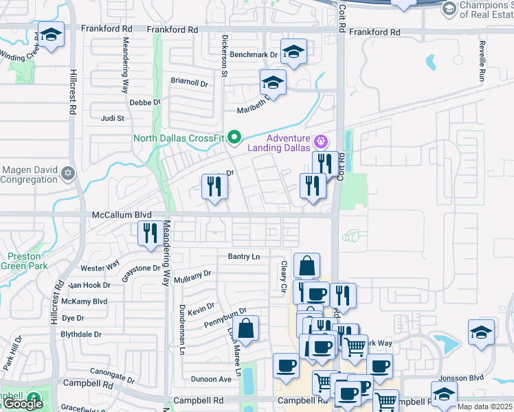 map of restaurants, bars, coffee shops, grocery stores, and more near 7777 McCallum Boulevard in Dallas