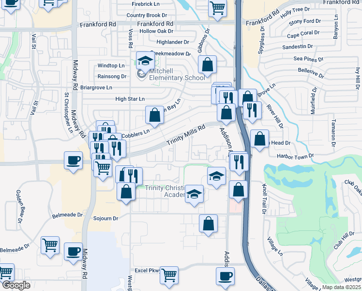 map of restaurants, bars, coffee shops, grocery stores, and more near 4350 Trinity Mills Road in Dallas