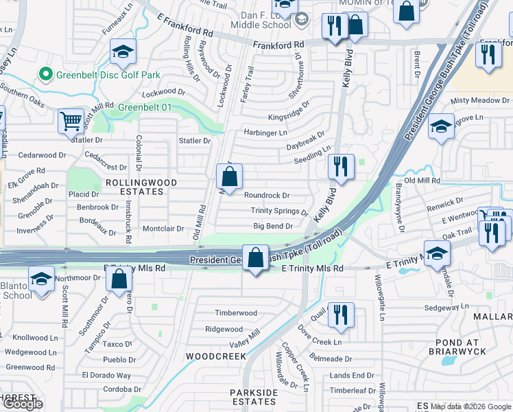 map of restaurants, bars, coffee shops, grocery stores, and more near 2226 Trinity Springs Drive in Carrollton