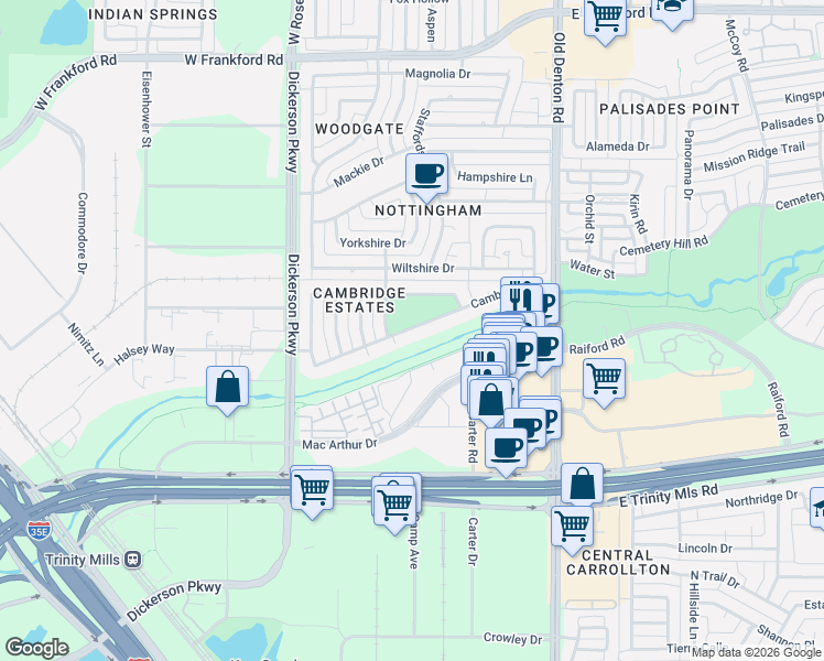 map of restaurants, bars, coffee shops, grocery stores, and more near 1113 Cambridge Drive in Carrollton
