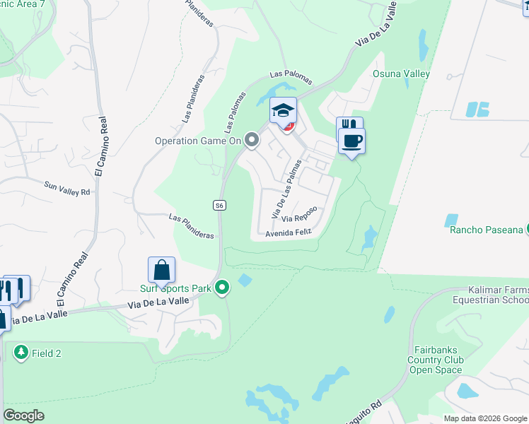 map of restaurants, bars, coffee shops, grocery stores, and more near 15933 Avenida Calma in Rancho Santa Fe