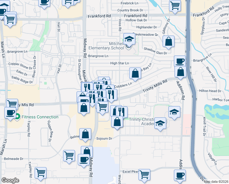 map of restaurants, bars, coffee shops, grocery stores, and more near 4110 Brooktree Lane in Dallas