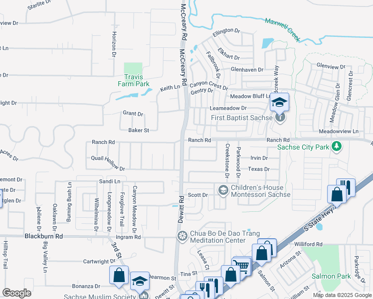 map of restaurants, bars, coffee shops, grocery stores, and more near 3001 Creekbend Court in Sachse