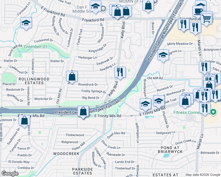 map of restaurants, bars, coffee shops, grocery stores, and more near 2256 Big Bend Drive in Carrollton