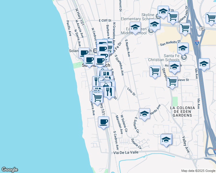 map of restaurants, bars, coffee shops, grocery stores, and more near 341 South Cedros Avenue in Solana Beach