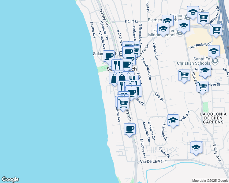 map of restaurants, bars, coffee shops, grocery stores, and more near 329 Highway 101 in Solana Beach