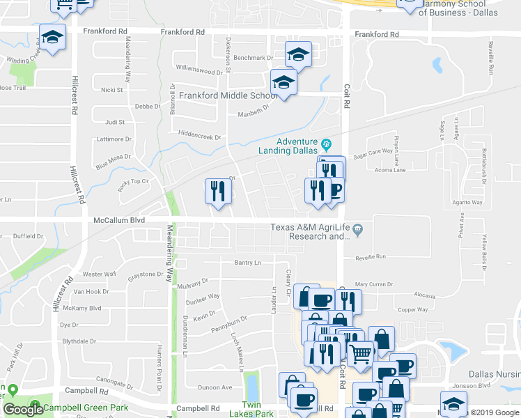 map of restaurants, bars, coffee shops, grocery stores, and more near 7795 McCallum Boulevard in Dallas