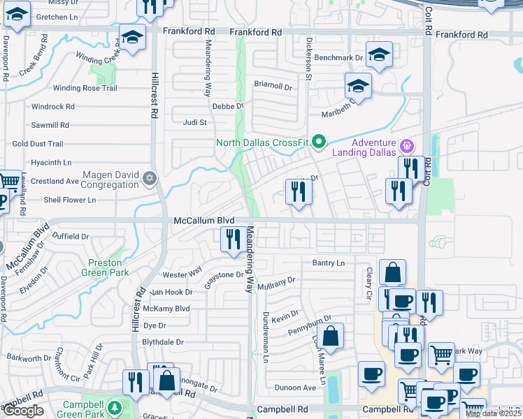 map of restaurants, bars, coffee shops, grocery stores, and more near 7160 Nicole Place in Dallas