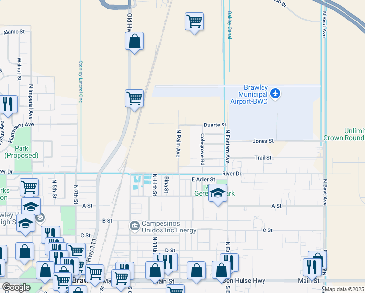 map of restaurants, bars, coffee shops, grocery stores, and more near in Brawley
