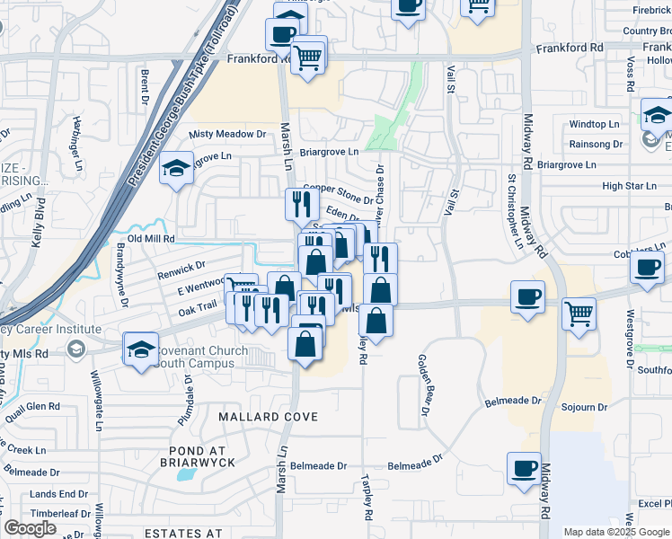 map of restaurants, bars, coffee shops, grocery stores, and more near 3315 East Trinity Mills Road in Carrollton