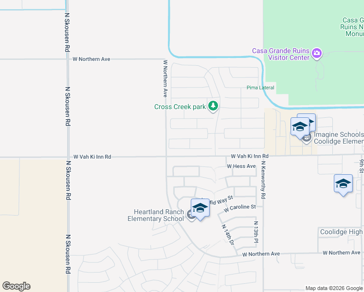 map of restaurants, bars, coffee shops, grocery stores, and more near 1757 West Hopi Drive in Coolidge
