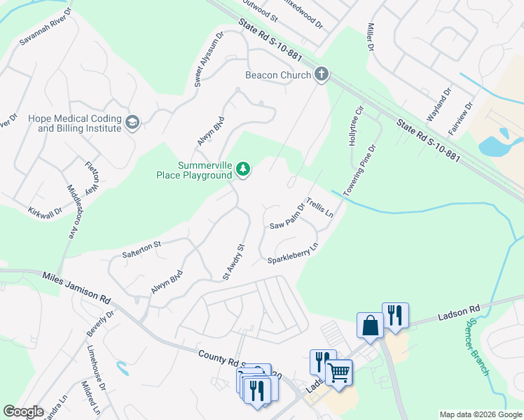 map of restaurants, bars, coffee shops, grocery stores, and more near 101 Blue Beech Court in Ladson