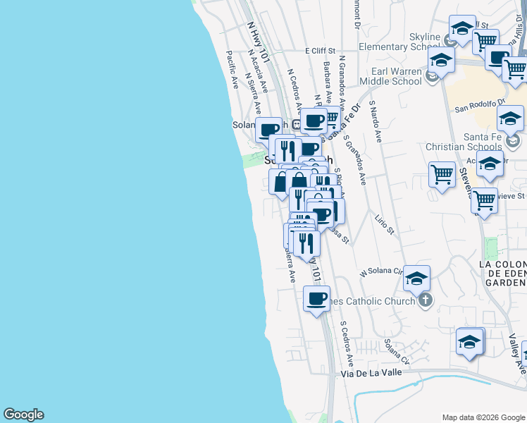 map of restaurants, bars, coffee shops, grocery stores, and more near 245 South Helix Avenue in Solana Beach