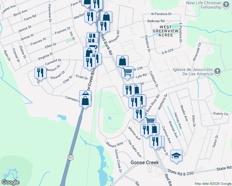 map of restaurants, bars, coffee shops, grocery stores, and more near 187 Middleton Drive in Goose Creek