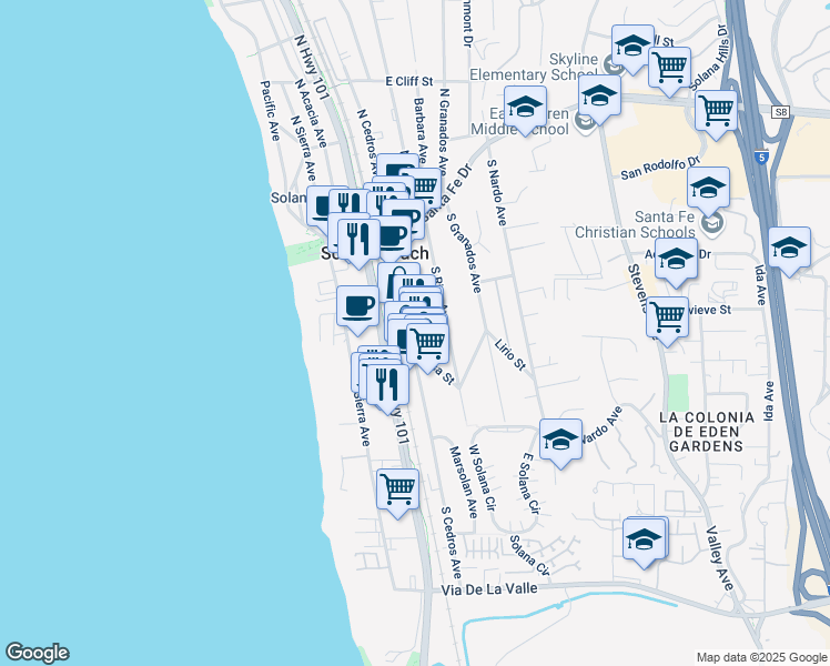 map of restaurants, bars, coffee shops, grocery stores, and more near 341 South Cedros Avenue in Solana Beach