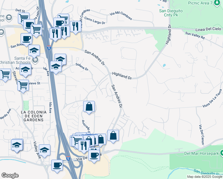 map of restaurants, bars, coffee shops, grocery stores, and more near 15027 Caminito Ladera in Del Mar