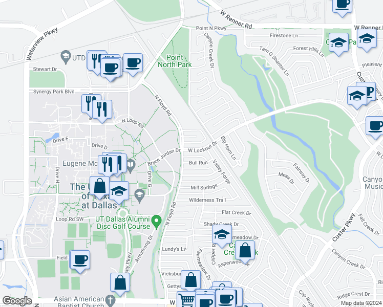map of restaurants, bars, coffee shops, grocery stores, and more near 1131 West Lookout Drive in Richardson