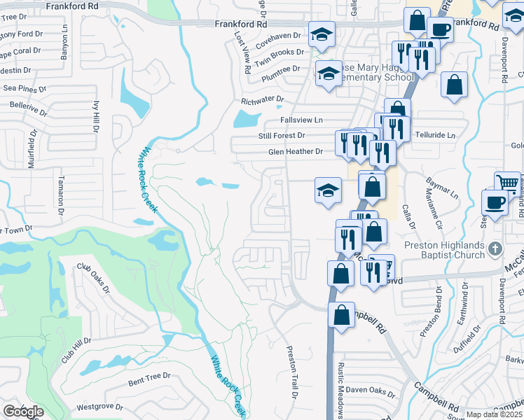 map of restaurants, bars, coffee shops, grocery stores, and more near 5819 Coolwater Cove in Dallas