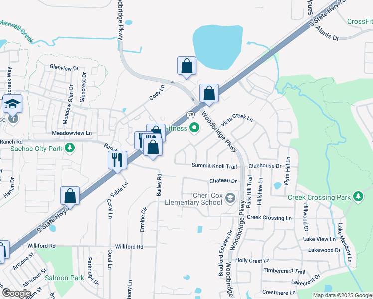 map of restaurants, bars, coffee shops, grocery stores, and more near 7311 Summit Lane in Sachse