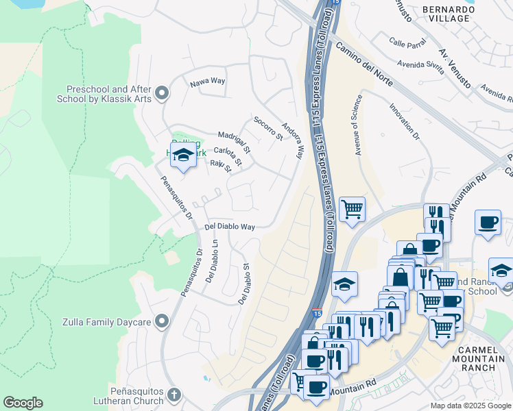 map of restaurants, bars, coffee shops, grocery stores, and more near 11195 Amalia Court in San Diego