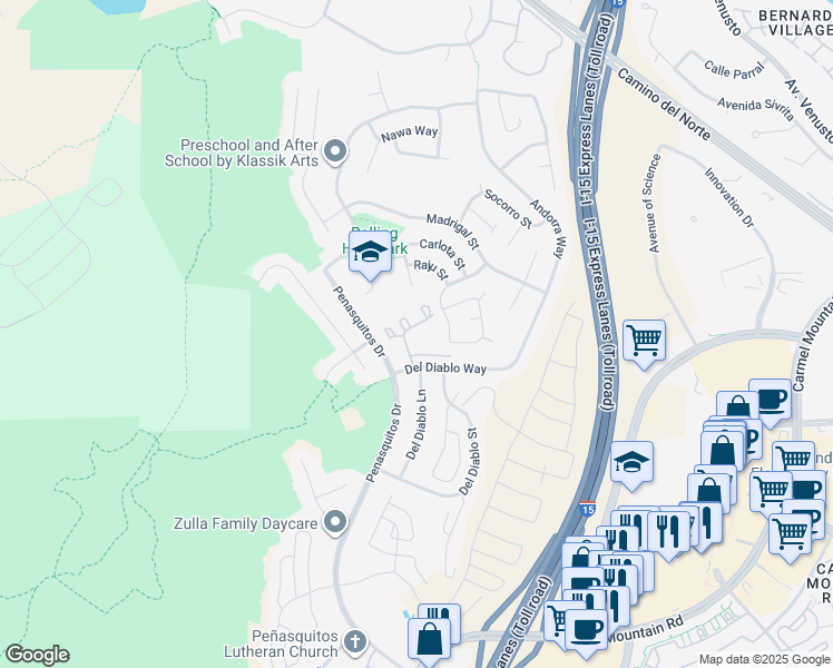 map of restaurants, bars, coffee shops, grocery stores, and more near 1505 Via Llano in San Diego