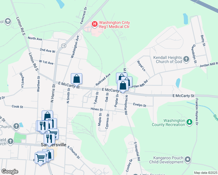 map of restaurants, bars, coffee shops, grocery stores, and more near 514 East McCarty Street in Sandersville