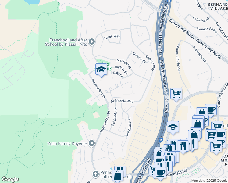 map of restaurants, bars, coffee shops, grocery stores, and more near 1505 Via Llano in San Diego
