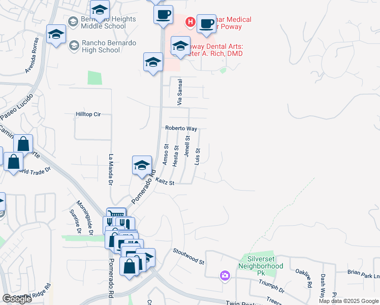 map of restaurants, bars, coffee shops, grocery stores, and more near 15120 Luis Street in Poway