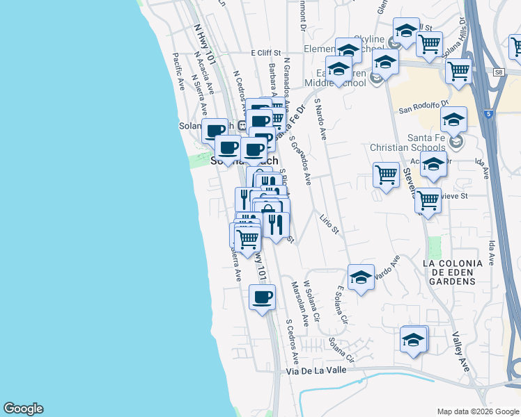 map of restaurants, bars, coffee shops, grocery stores, and more near 341 South Cedros Avenue in Solana Beach