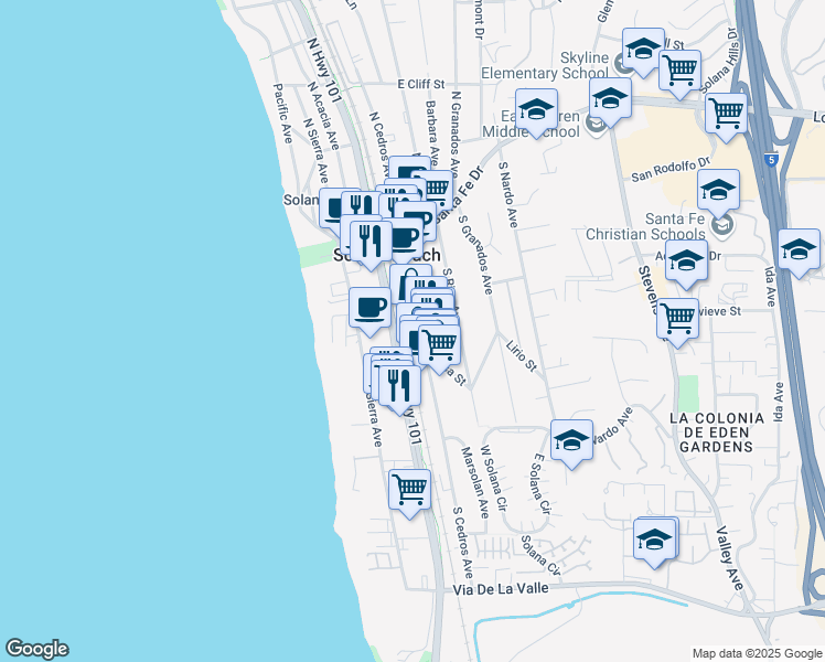 map of restaurants, bars, coffee shops, grocery stores, and more near 341 South Cedros Avenue in Solana Beach