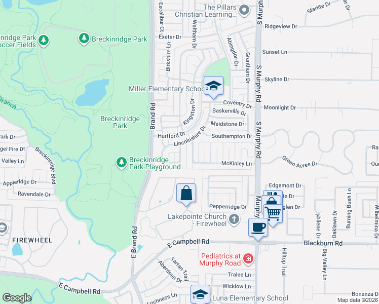 map of restaurants, bars, coffee shops, grocery stores, and more near 2830 Faversham Drive in Richardson