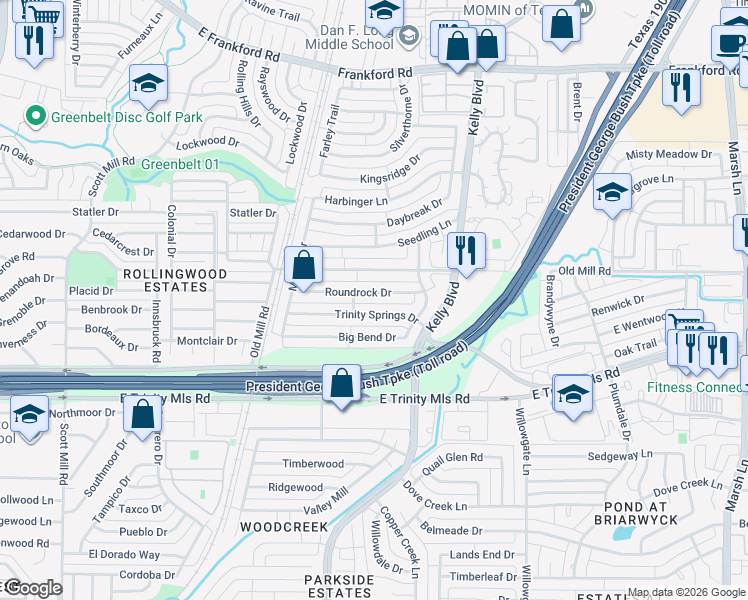 map of restaurants, bars, coffee shops, grocery stores, and more near 2226 Trinity Springs Drive in Carrollton
