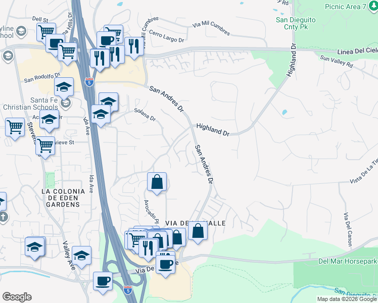 map of restaurants, bars, coffee shops, grocery stores, and more near 1240 Ladera Linda Way in Del Mar