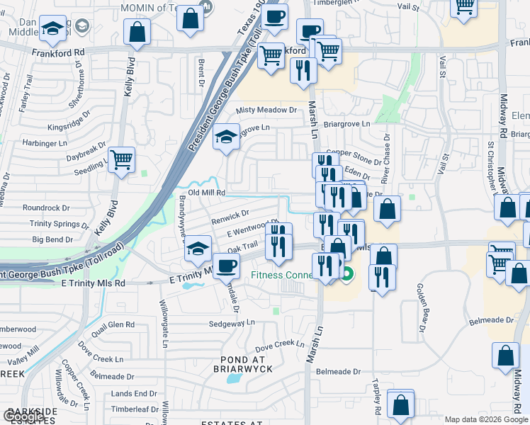 map of restaurants, bars, coffee shops, grocery stores, and more near 2730 East Wentwood Drive in Carrollton