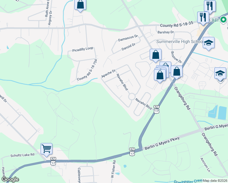 map of restaurants, bars, coffee shops, grocery stores, and more near 215 Apache Drive in Summerville