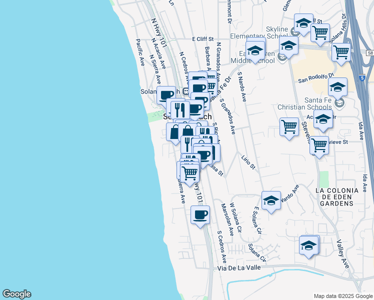 map of restaurants, bars, coffee shops, grocery stores, and more near 329 Highway 101 in Solana Beach