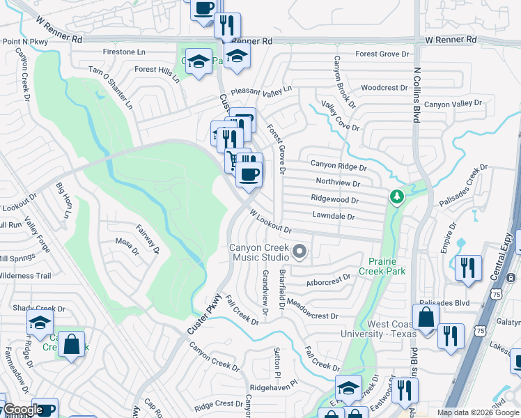 map of restaurants, bars, coffee shops, grocery stores, and more near 2604 Custer Parkway in Richardson