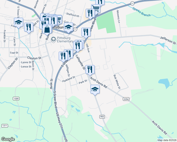 map of restaurants, bars, coffee shops, grocery stores, and more near 416 Lafayette Street in Pittsburg