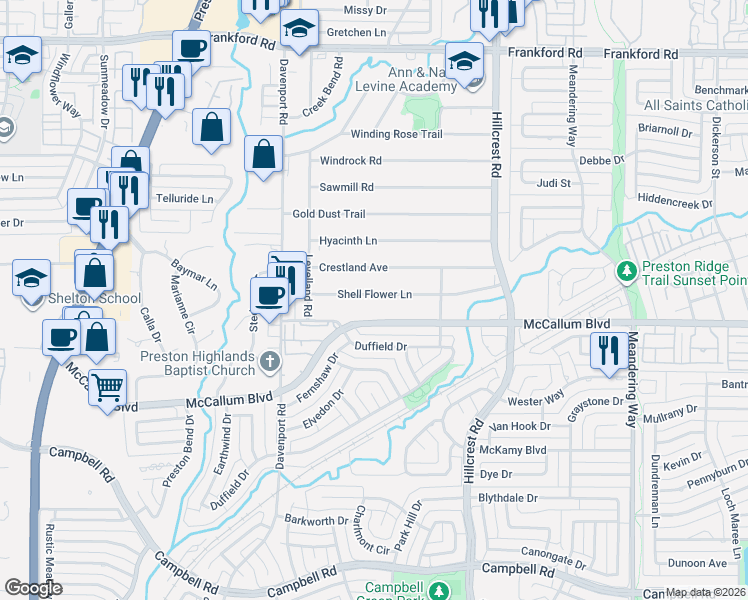 map of restaurants, bars, coffee shops, grocery stores, and more near 6627 Shell Flower Lane in Dallas