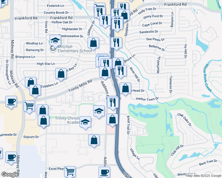 map of restaurants, bars, coffee shops, grocery stores, and more near 17501-17505 Dallas Pkwy in Dallas