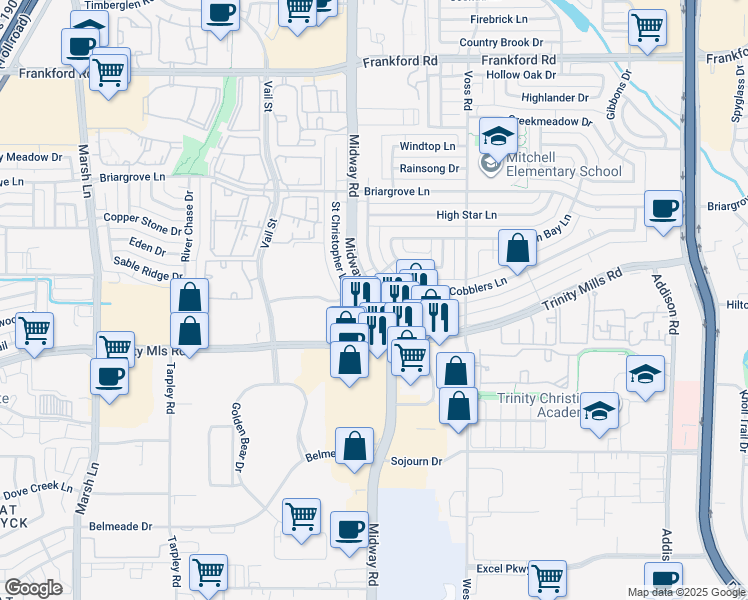 map of restaurants, bars, coffee shops, grocery stores, and more near 4100 Midway Road in Dallas
