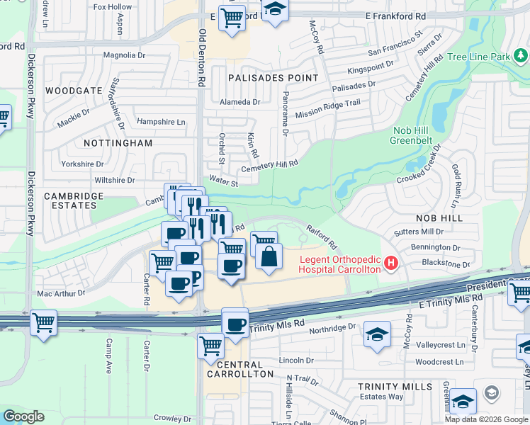 map of restaurants, bars, coffee shops, grocery stores, and more near 1100 Raiford Road in Carrollton