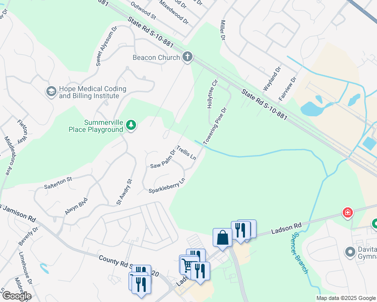 map of restaurants, bars, coffee shops, grocery stores, and more near 108 Trellis Lane in Ladson