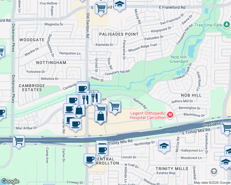map of restaurants, bars, coffee shops, grocery stores, and more near 1100 Raiford Road in Carrollton