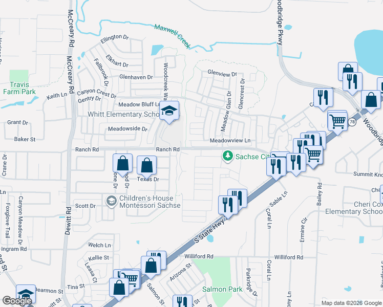 map of restaurants, bars, coffee shops, grocery stores, and more near 4222 Meadowview Lane in Sachse