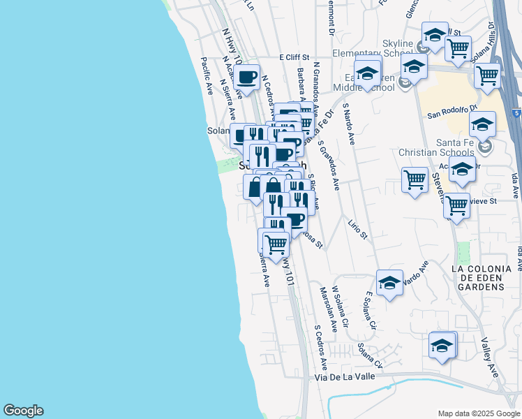 map of restaurants, bars, coffee shops, grocery stores, and more near 215 Highway 101 in Solana Beach