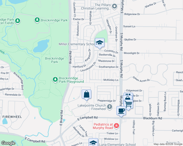 map of restaurants, bars, coffee shops, grocery stores, and more near 5604 Southampton Drive in Richardson