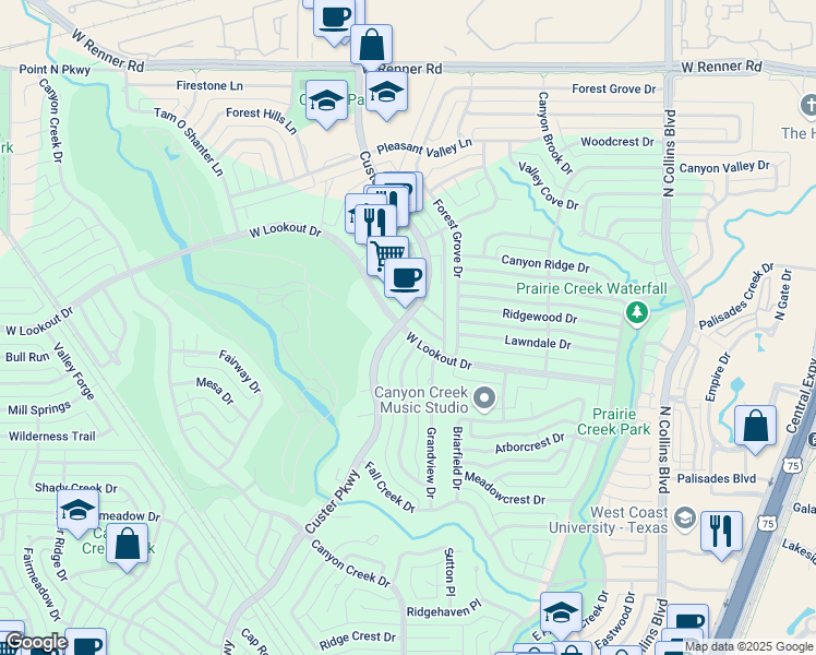 map of restaurants, bars, coffee shops, grocery stores, and more near 500 West Lookout Drive in Richardson